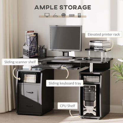 Domofi 120cm Wooden Black Computer Desk With Sliding Keyboard Tray Shelves And Drawers