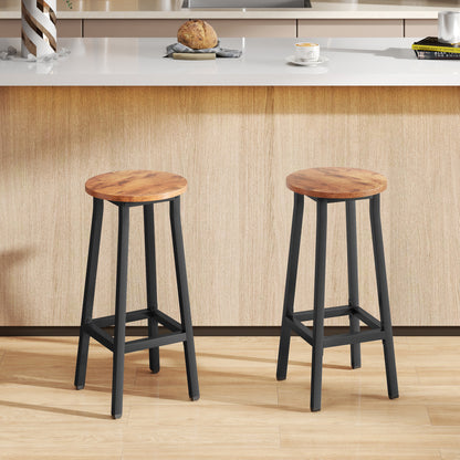 Rema Set Of 2 Rustic Brown Industrial Round Bar Stools With Footrest 65cm