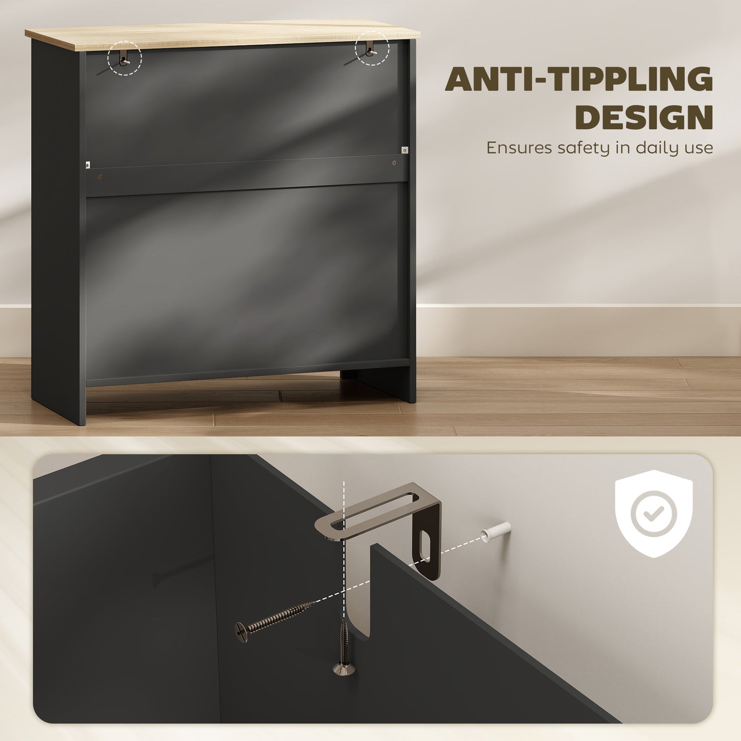 Elrere Wooden Black Modern Sideboard With Drawers Adjustable Shelves And Double Doors
