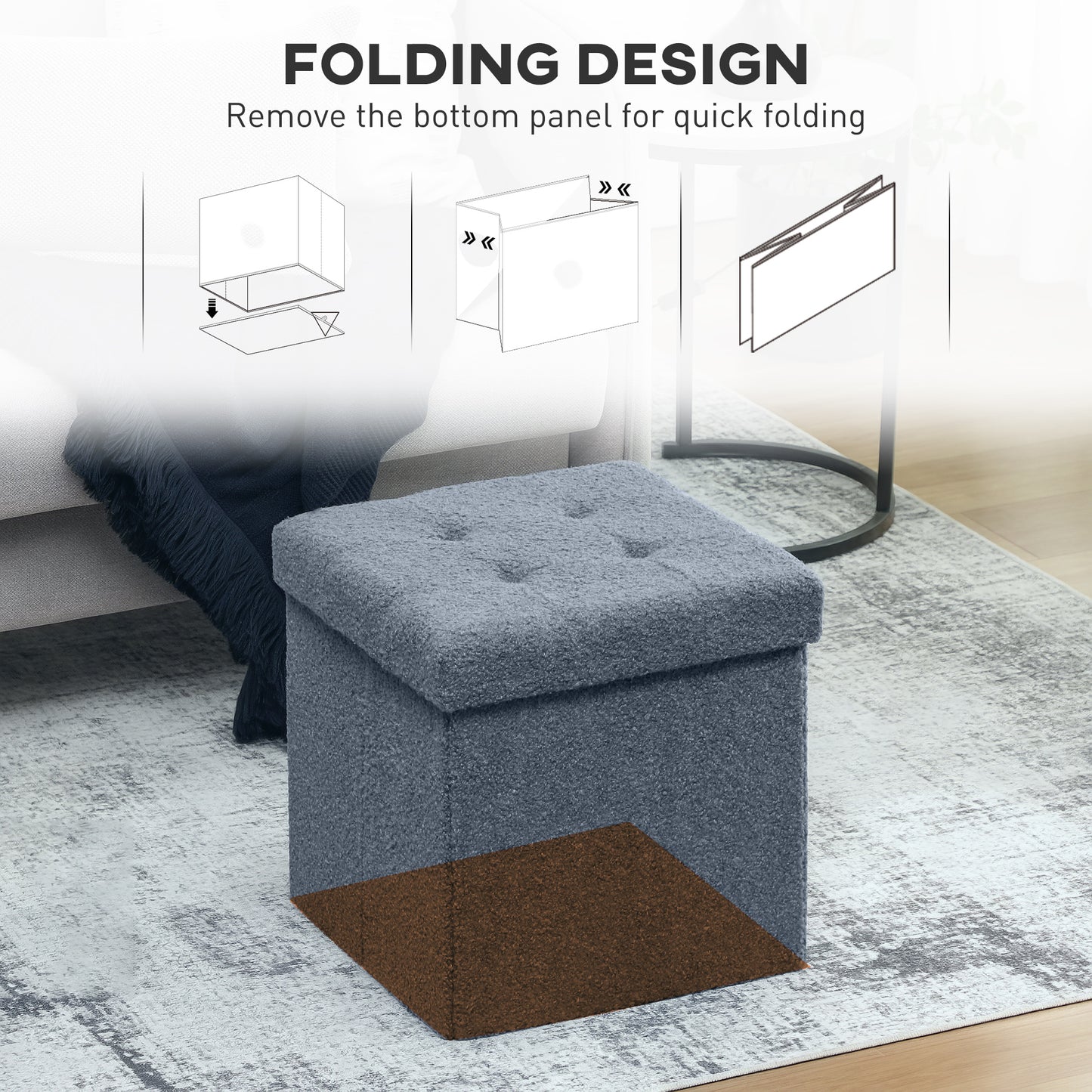 Fazi Sherpa Fleece Blue Foldable Storage Ottoman Diamond Tufted Lid