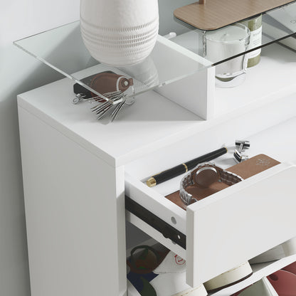 Masola Wooden White Shoe Cabinet With Sliding Drawer 2 Flip Doors And Glass Top