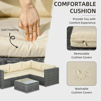 Sapana Rattan Grey and Cream 4 Seater Corner Garden Sofa Set With Glass Top Table