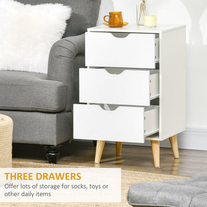 Rato White Bedside Table With 3 Drawers And Narural Wood Legs