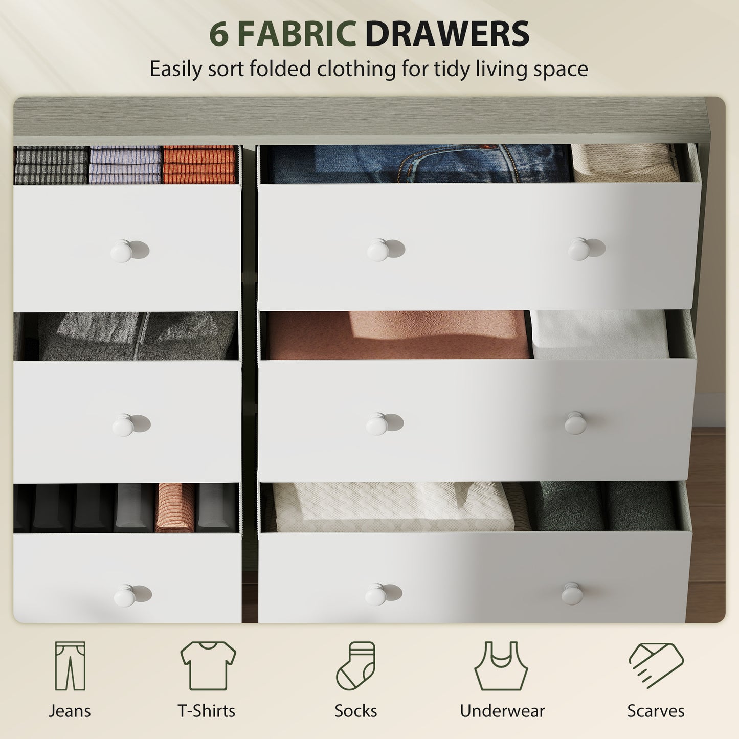 Nafiso Fabric And Wood White And Grey 6 Drawer Storage Dresser