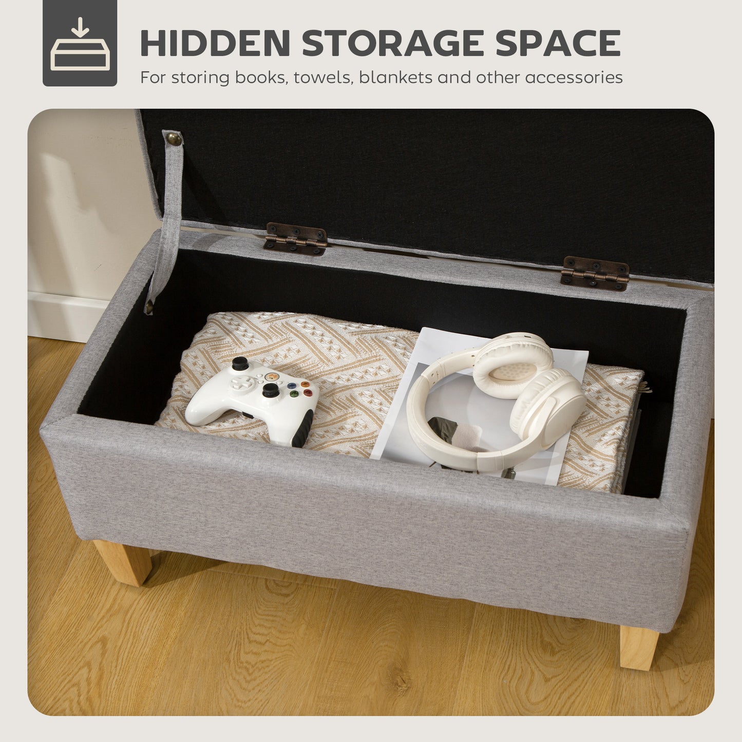 Solo Linen Light Grey Storage Footstool With Storage Natural Wooden Legs