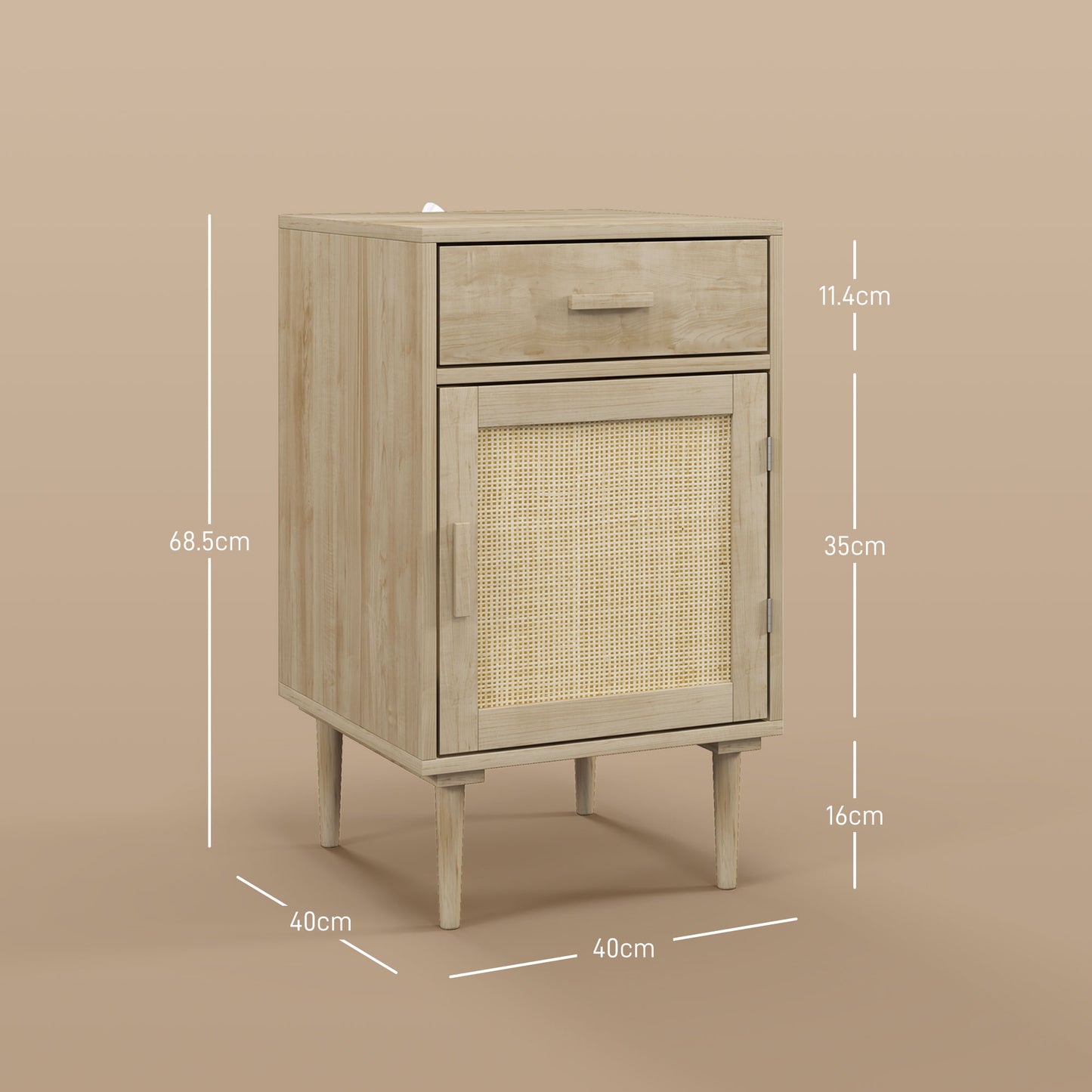 Basose Natural Wood Effect Rattan Bedside Table With Drawer And Door