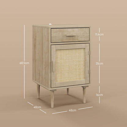 Basose Natural Wood Effect Rattan Bedside Table With Drawer And Door
