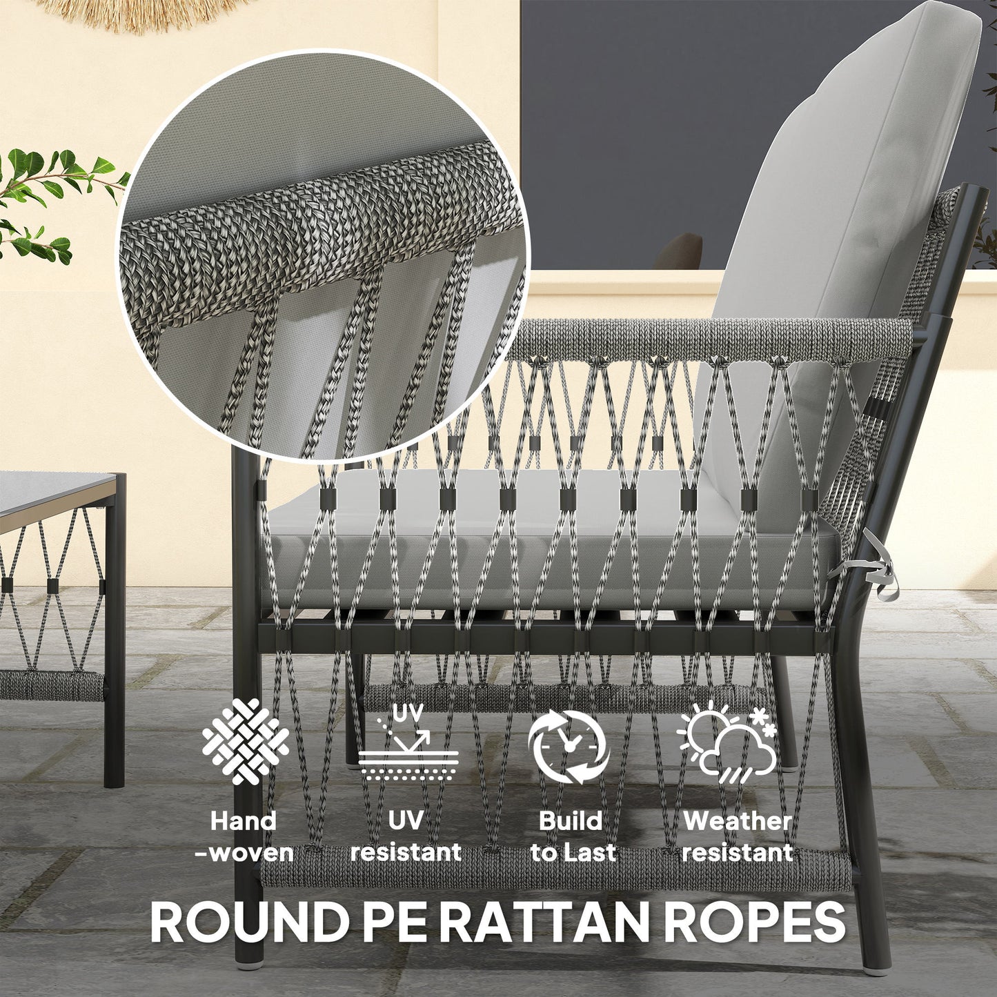 Zike Rattan Grey 4 Seater Outdoor Sofa Conversation Set With Glass Coffee Table