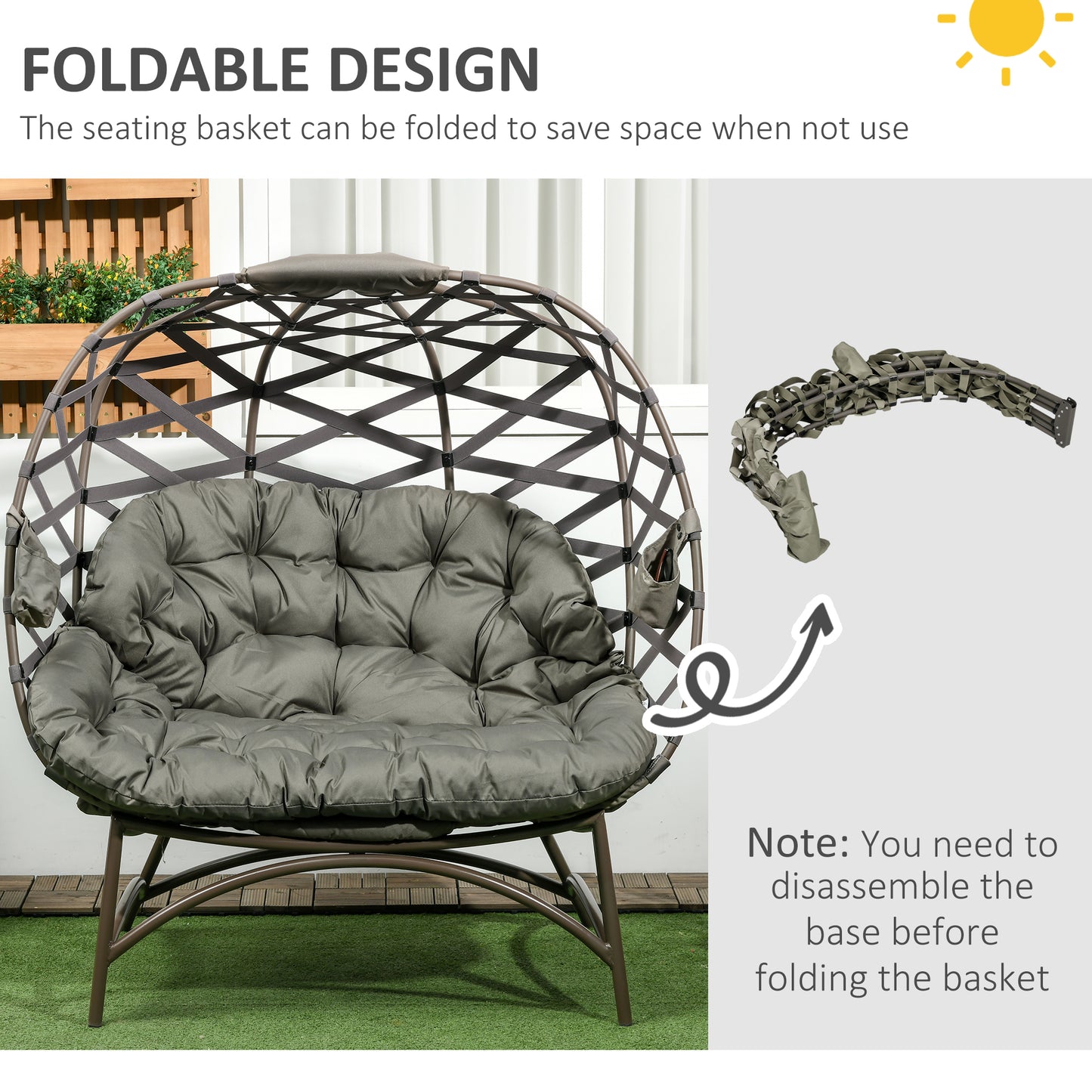Stitzza Woven Rattan Sand Brown 2 Seater Folding Egg Chair With Cushions And Cup Holders