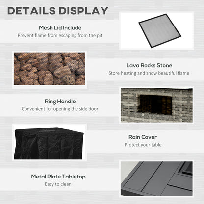 Rata Faux Rattan Grey Square Gas Fire Pit Table With Rain Cover Mesh Lid And Lava Stones