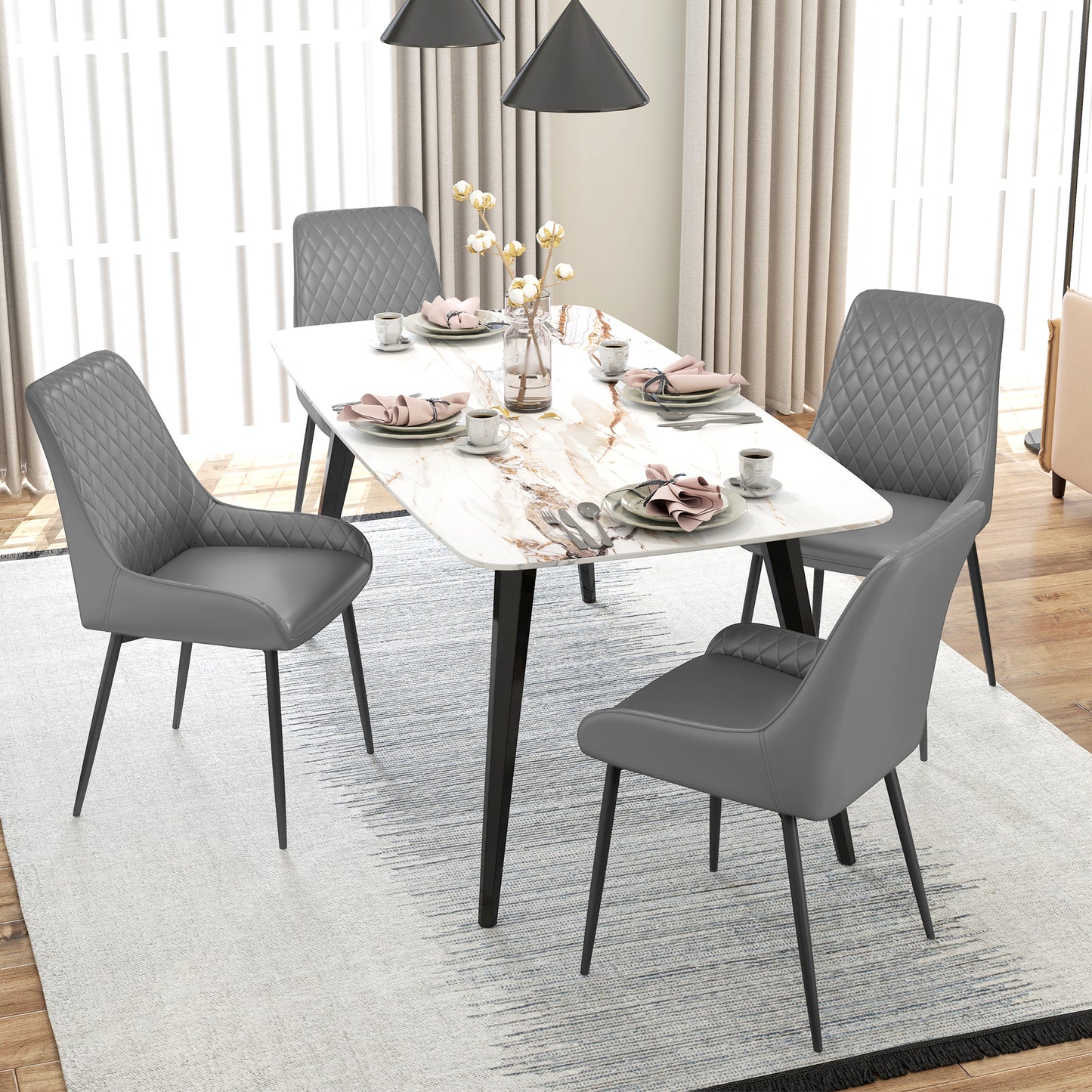 Farazi Faux Leather Grey Quilted Dining Chairs Set Of 2 With Steel Frame And Foot Caps