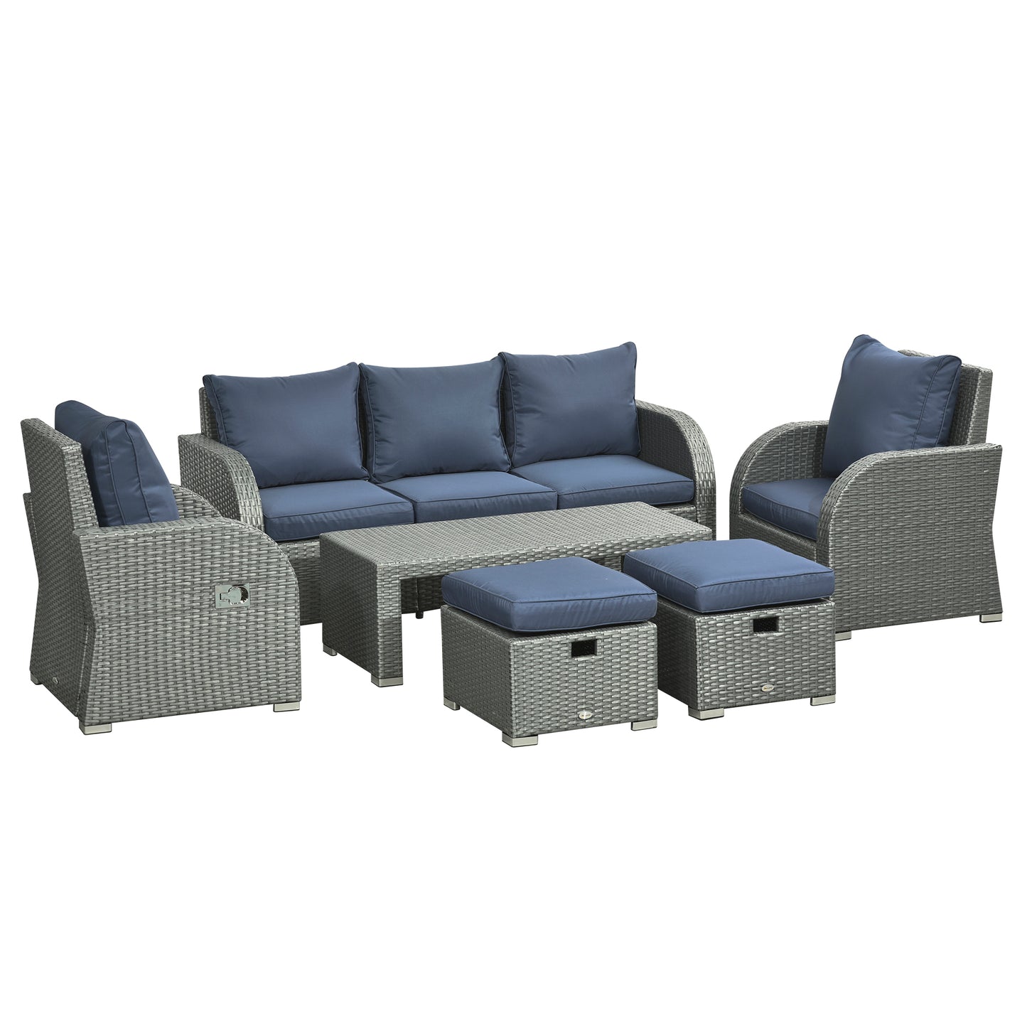 Sediro Lule Grey and Blue Rattan 7 Seater Outdoor Furniture Set With Reclining Armchairs Footstools and Table