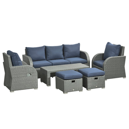 Sediro Lule Grey and Blue Rattan 7 Seater Outdoor Furniture Set With Reclining Armchairs Footstools and Table