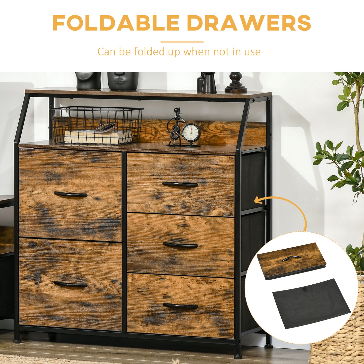Rasozi Metal And Fabric Rustic Brown 5 Drawer Industrial Storage Chest With Shelf Shelf