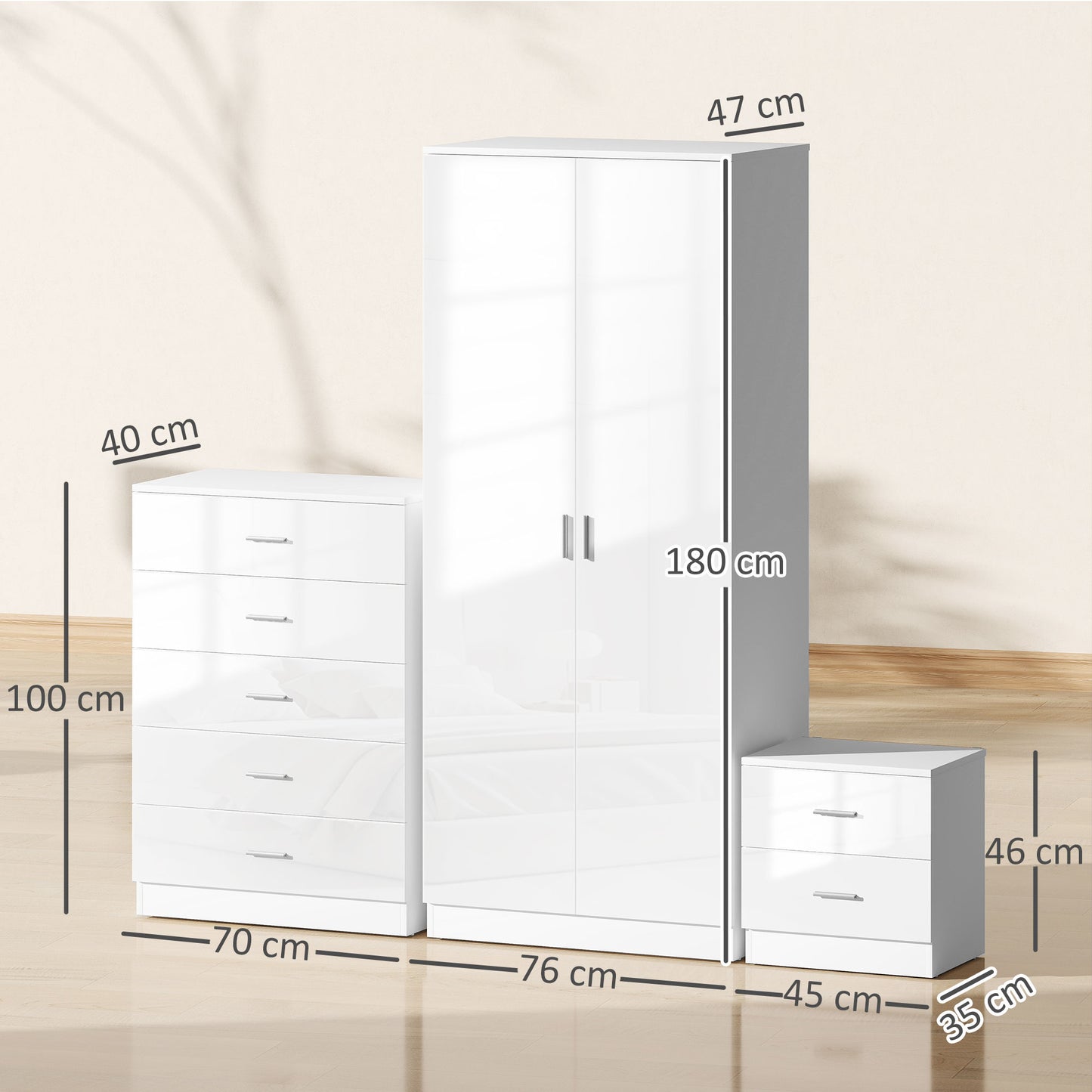 Belatera High Gloss White 3 Piece Bedroom Furniture Set Wardrobe Chest of Drawers And Bedside Table