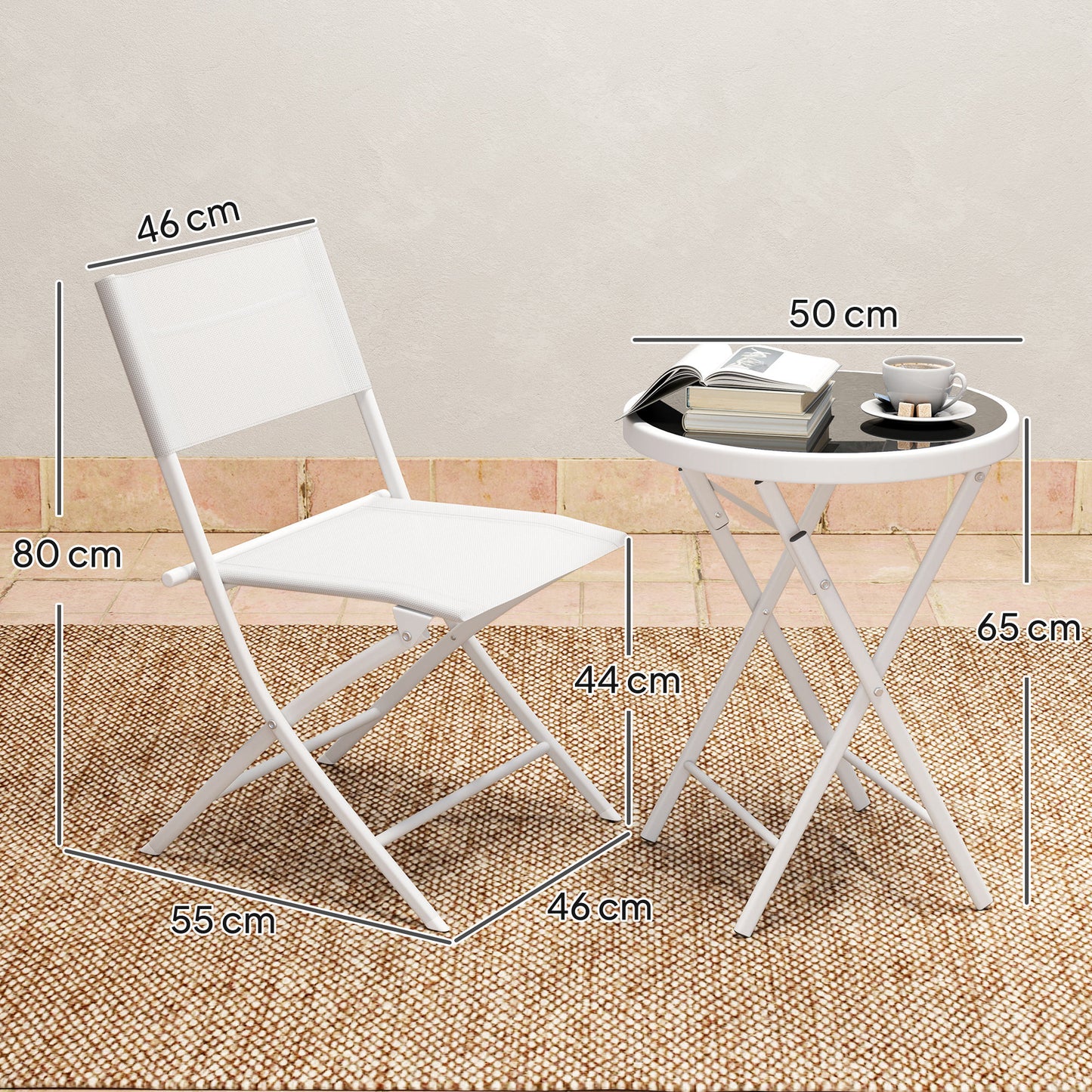 Lafiyo Glass And Metal White 3 Piece Outdoor Bistro Set With Folding Chairs
