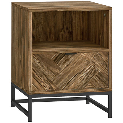 Kazi Brown Wood Effect Bedside Table With Drawer Shelf And Steel Legs