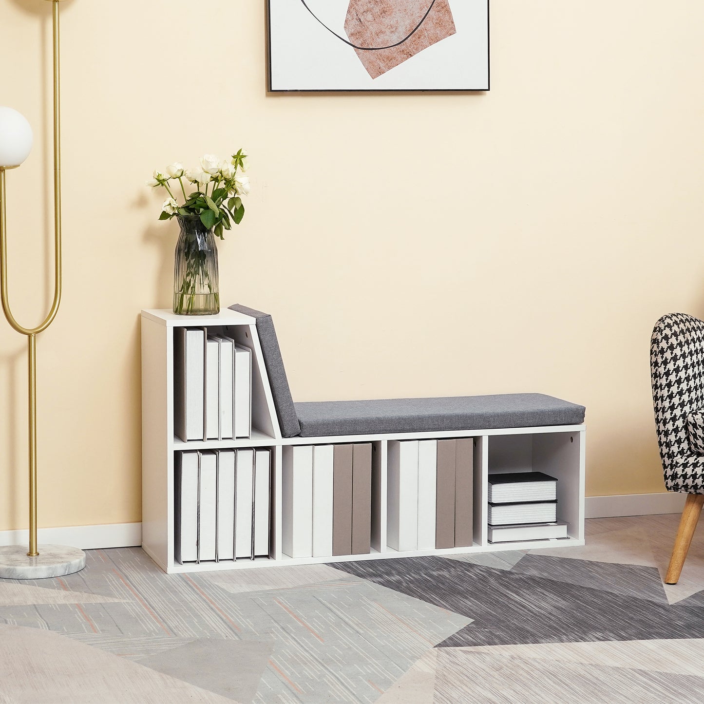 Litadi Wood White Cube Bookcase With Cushioned Seat And Storage Cabinet