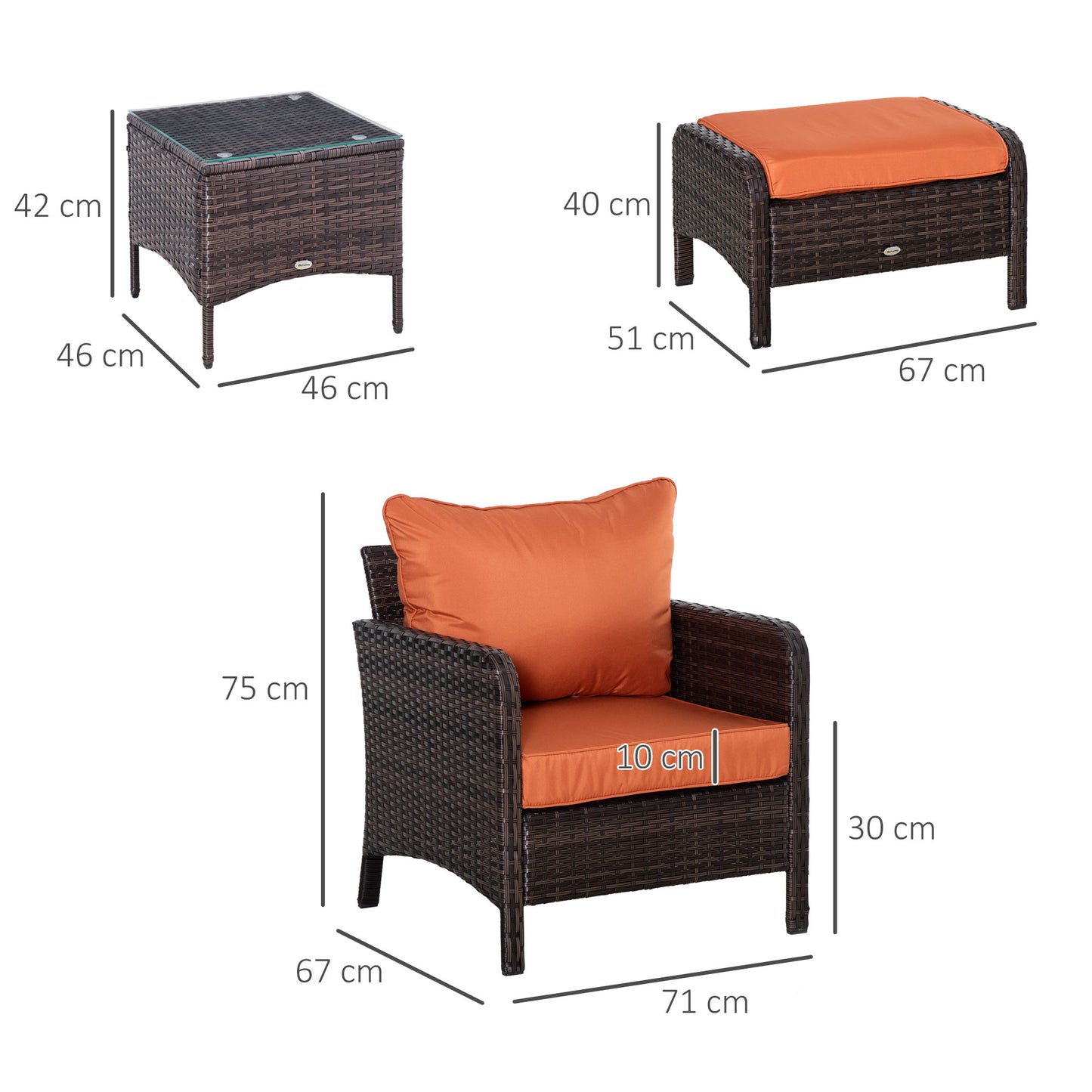 Moto Brown Faux Rattan 5 Piece Outdoor Bistro Set with Orange Cushions Stools And Glass Table