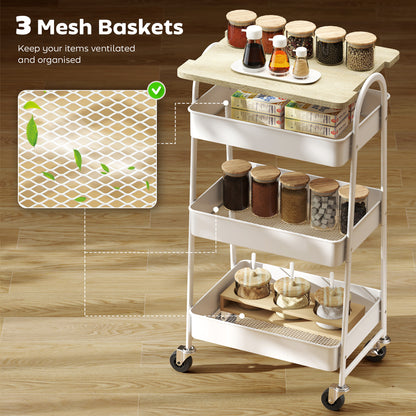 Satoro Wooden White And Oak 3 Tier Kitchen Trolley With Covered Top