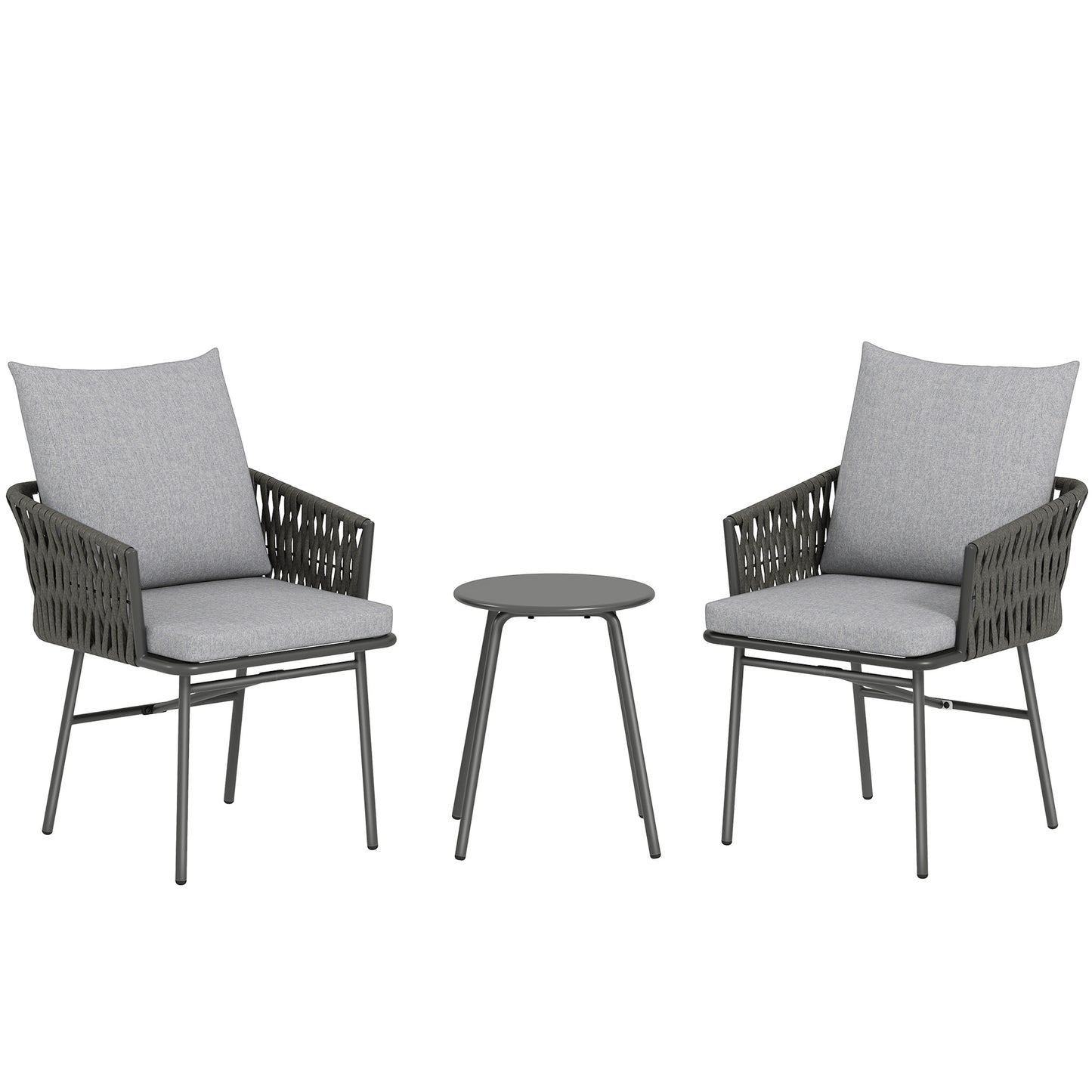 Sunoco Grey Rattan Weave Rope 3 Piece Bistro Set With Cushions And Glass Coffee Table