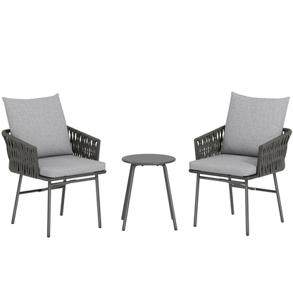 Sunoco Grey Rattan Weave Rope 3 Piece Bistro Set With Cushions And Glass Coffee Table