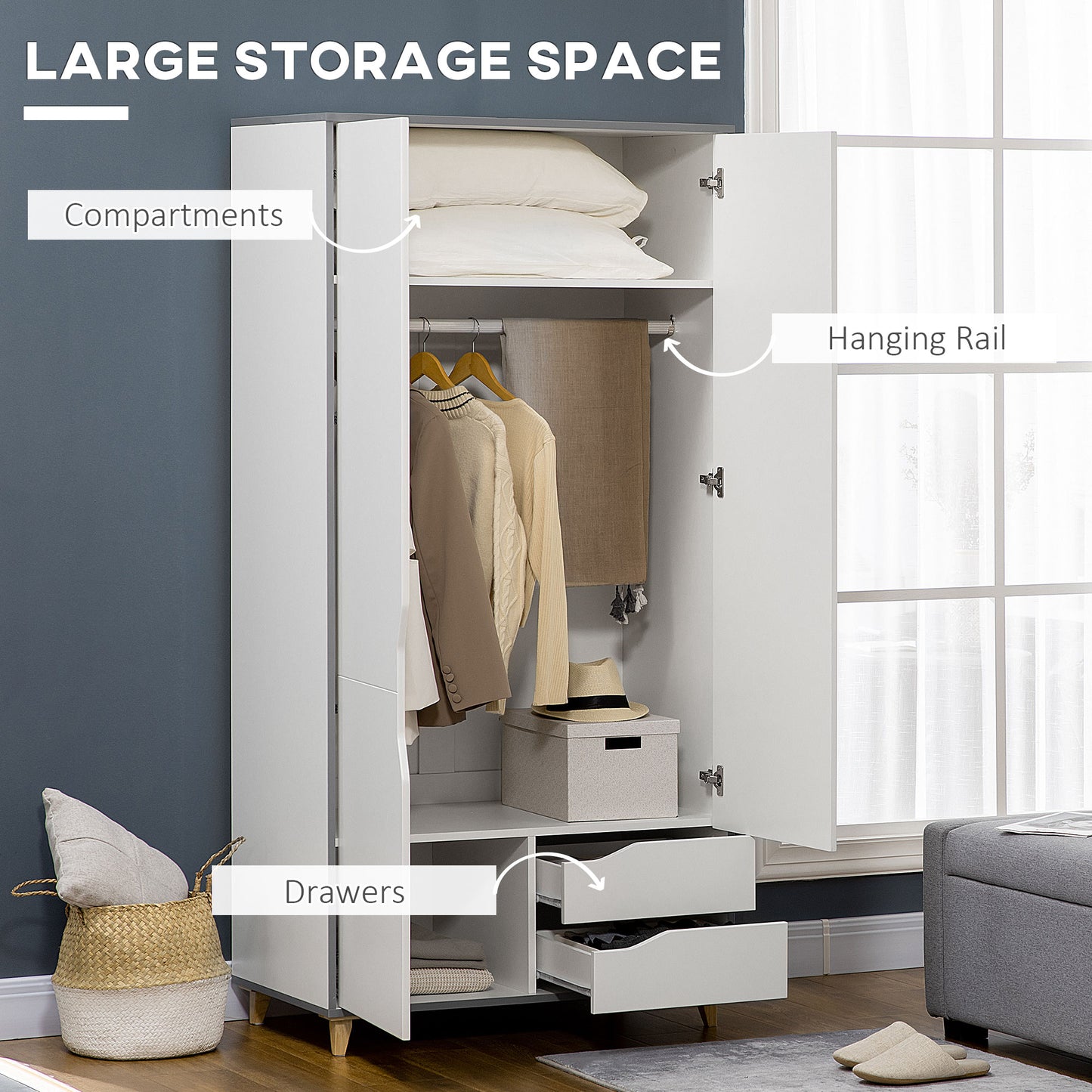 Demimar Grey And White Bedroom Furniture Set With Wardrobe and Chest Of Drawers