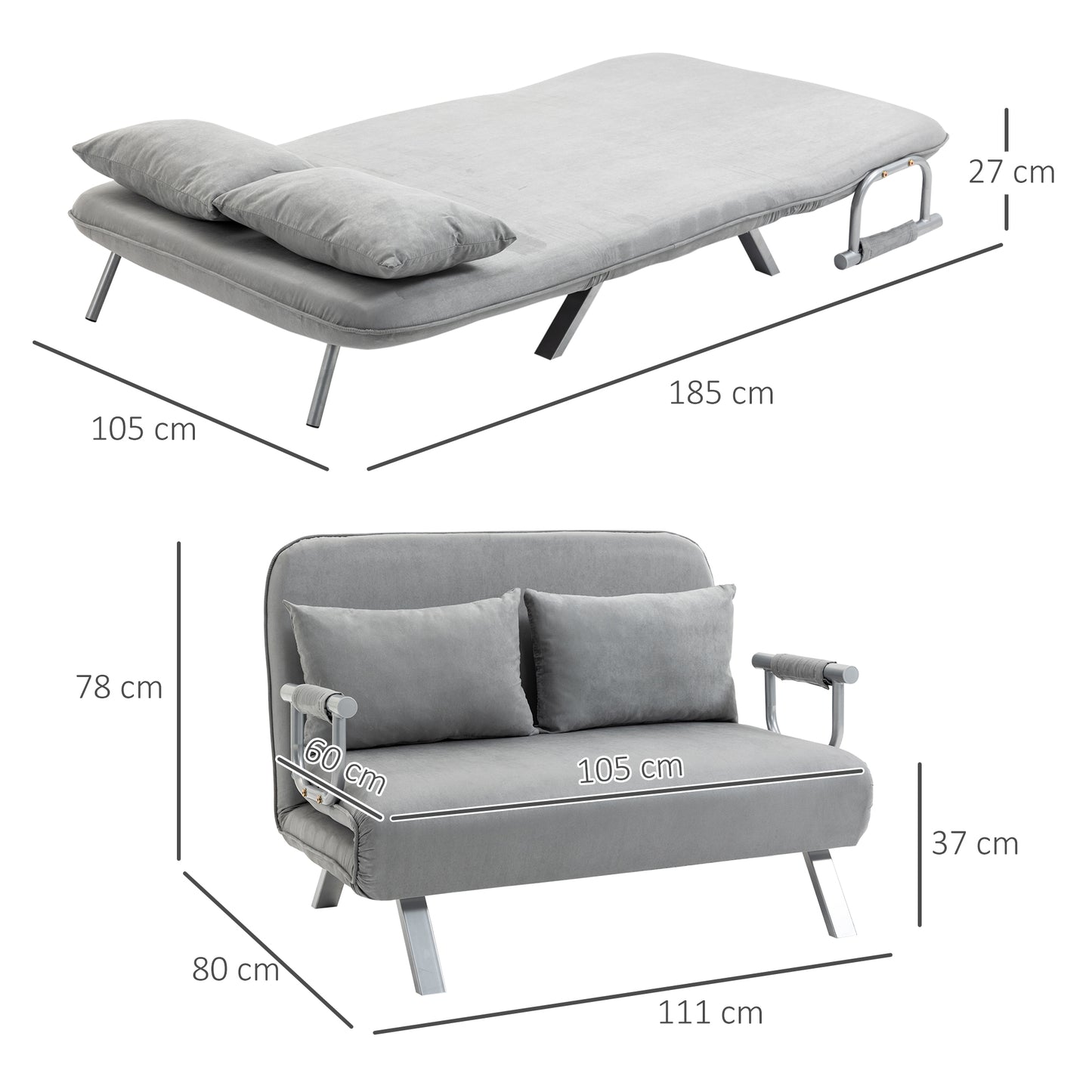 Nilara Light Grey 2 Seater Click Clack Sofa Bed Silver Metal Legs
