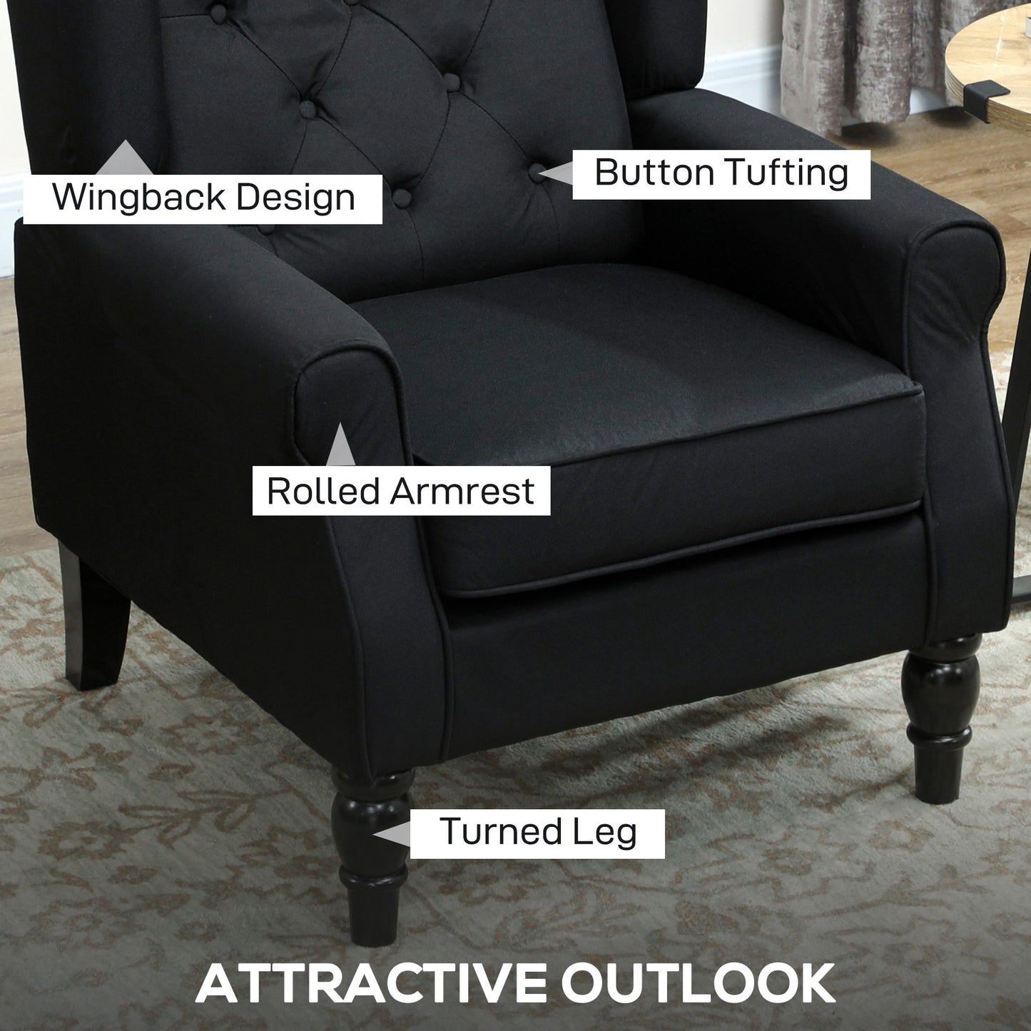 Royo Linen Black Retro Wingback Accent Armchair With Diamond Button Tufting