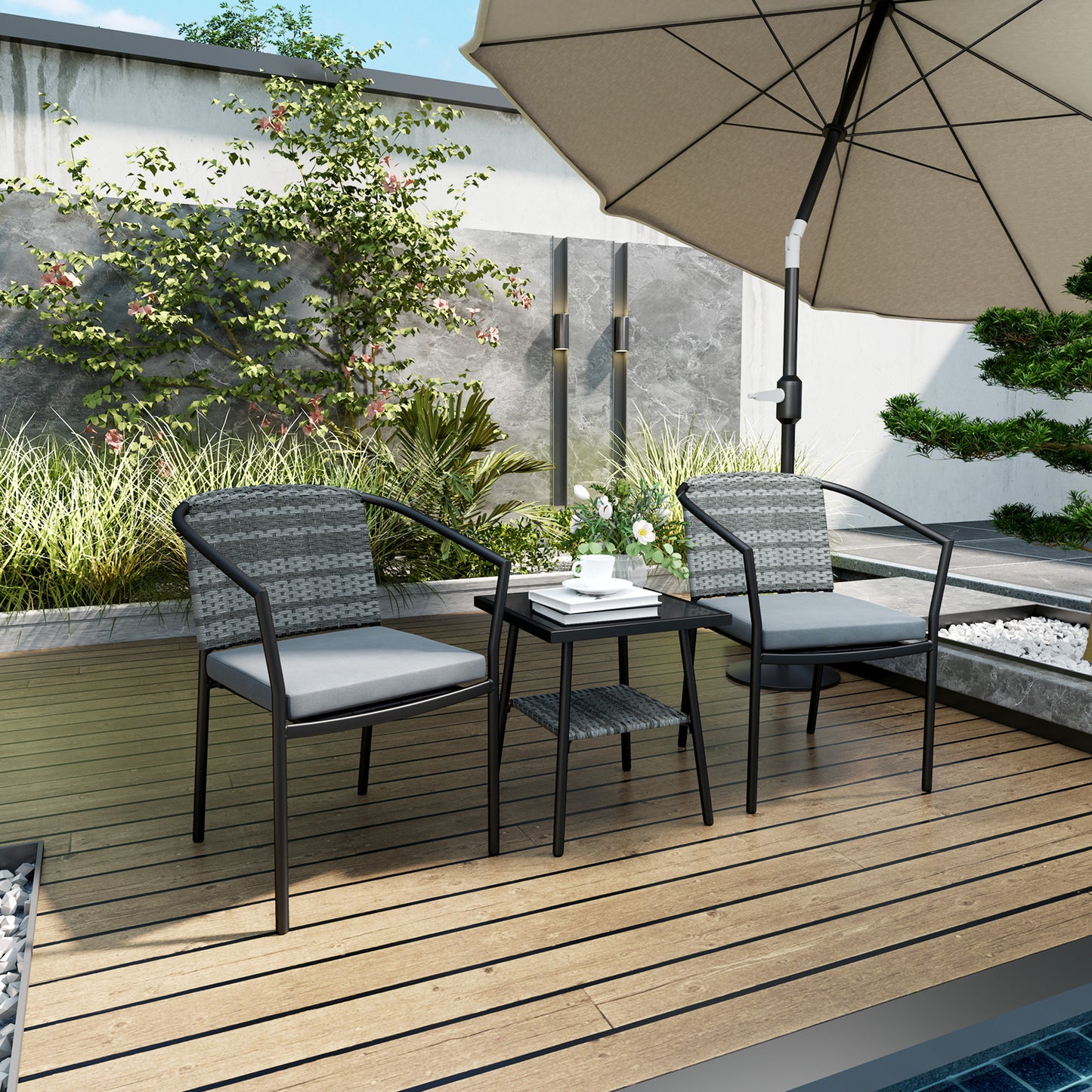 Midi Grey Rattan 3 Piece Bistro Set With Cushions And Glass Coffee Table