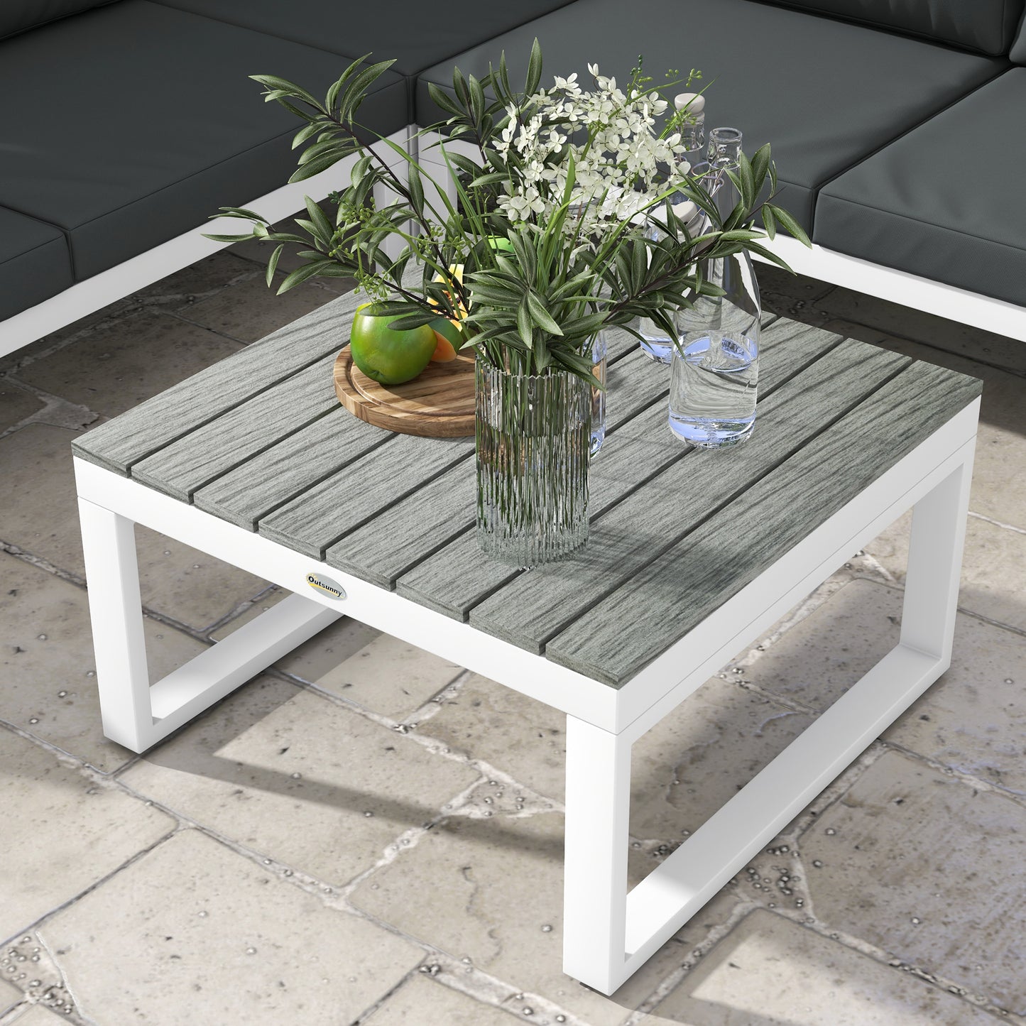 Vayo Metal White Frame 5 Seater Reclining Corner Garden Sofa Set With Wood Effect Table And Grey Cushions