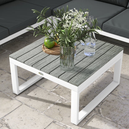 Vayo Metal White Frame 5 Seater Reclining Corner Garden Sofa Set With Wood Effect Table And Grey Cushions