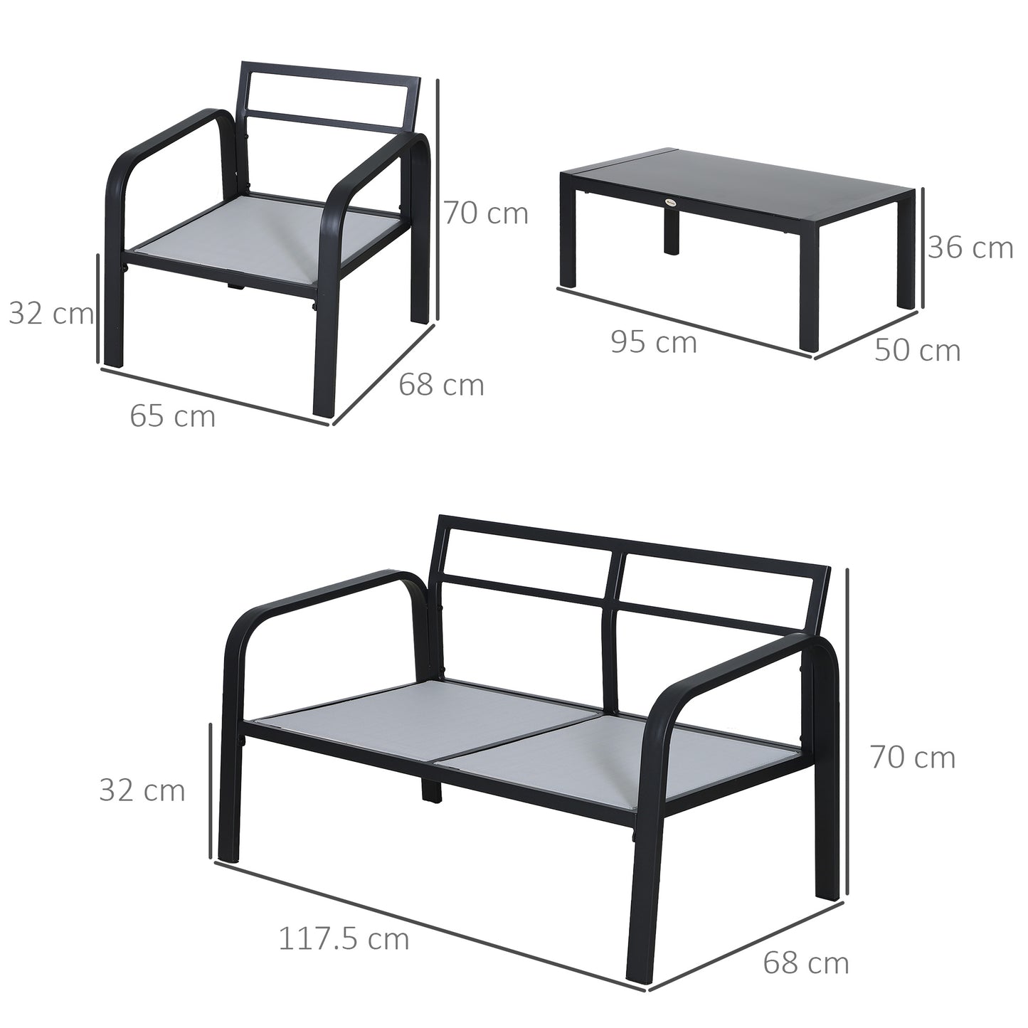 Salela 4 Seater Light Grey Garden Sofa Set with Sofa 2 Armchairs and Coffee Table Black Aluminium Frame