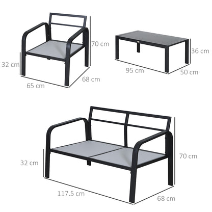 Salela 4 Seater Light Grey Garden Sofa Set with Sofa 2 Armchairs and Coffee Table Black Aluminium Frame