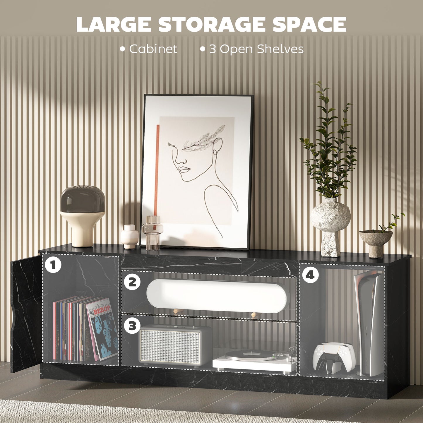 Avadell 148cm Black Marble Effect TV Unit With Glass Shelves For Screens Up To 55 Inches