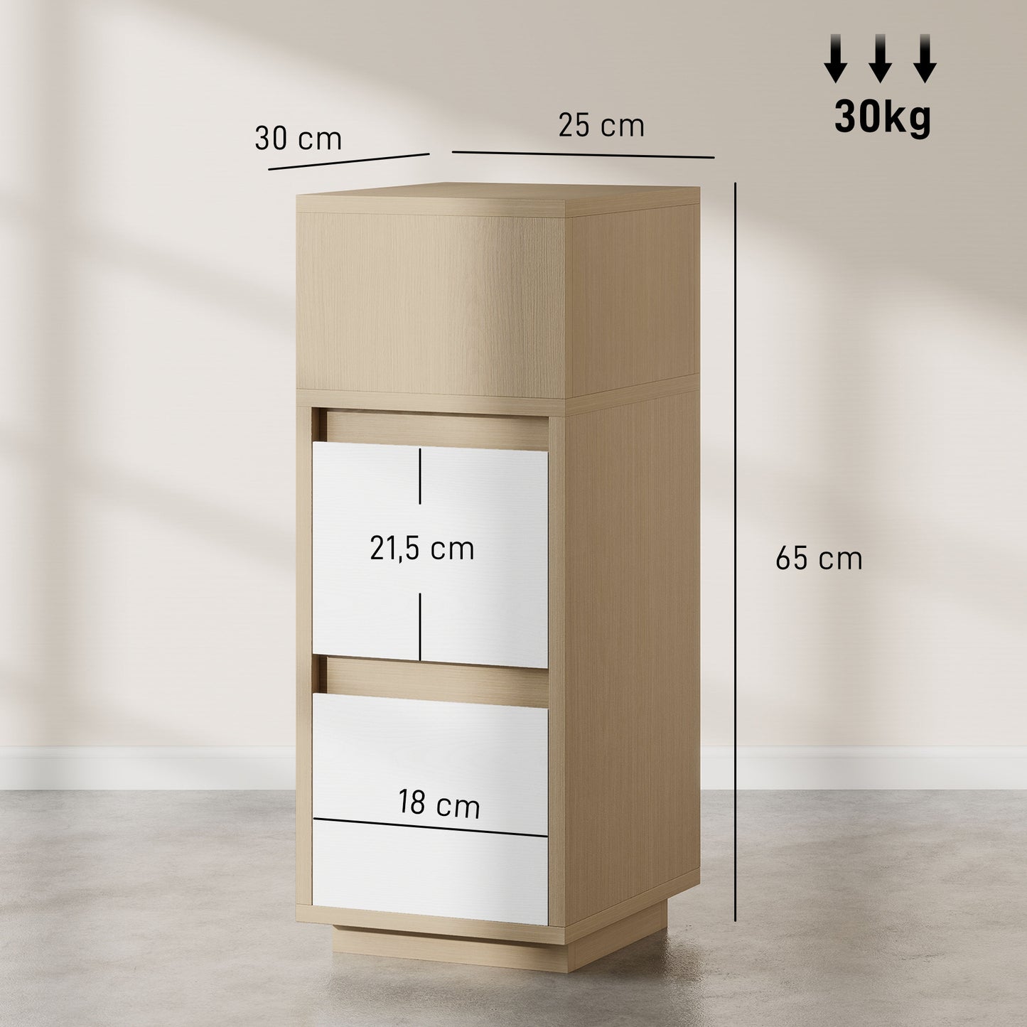 Noyo Natural Wood Finish Slim Bedside Table With 2 Drawers And Open Shelf