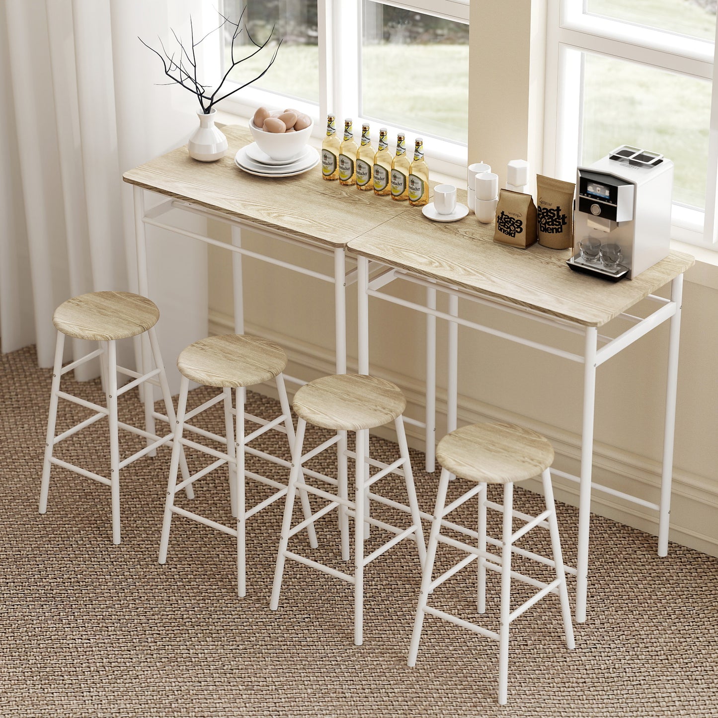 Fira Rodo Metal And Wooden White And Oak Breakfast Bar Table And Stool Set With Storage