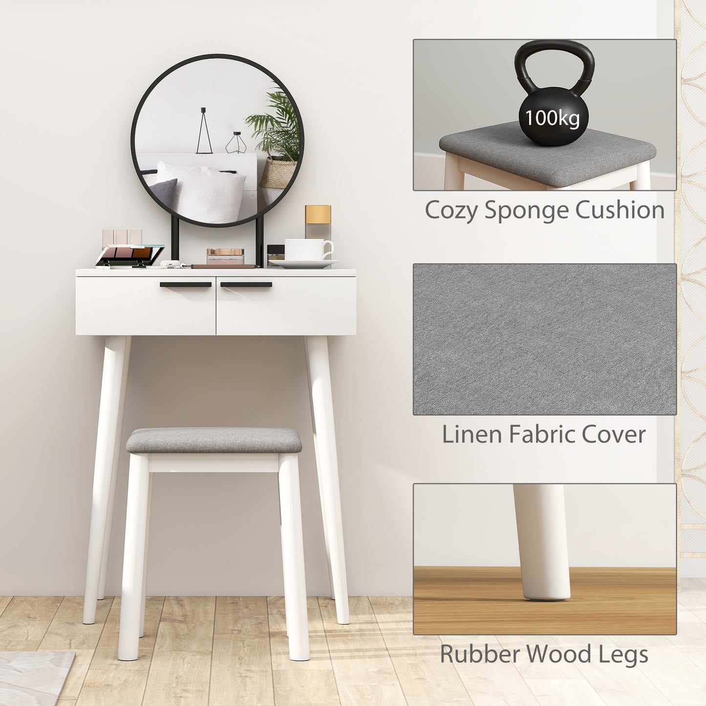 Comika White Dressing Table And Stool Set With Round Mirror 2 Drawers 60 x 40 x 123 cm