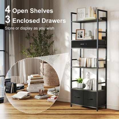 Laro Metal And Wood Grey And Black Industrial Bookcase With 4 Shelves And Fabric Drawers