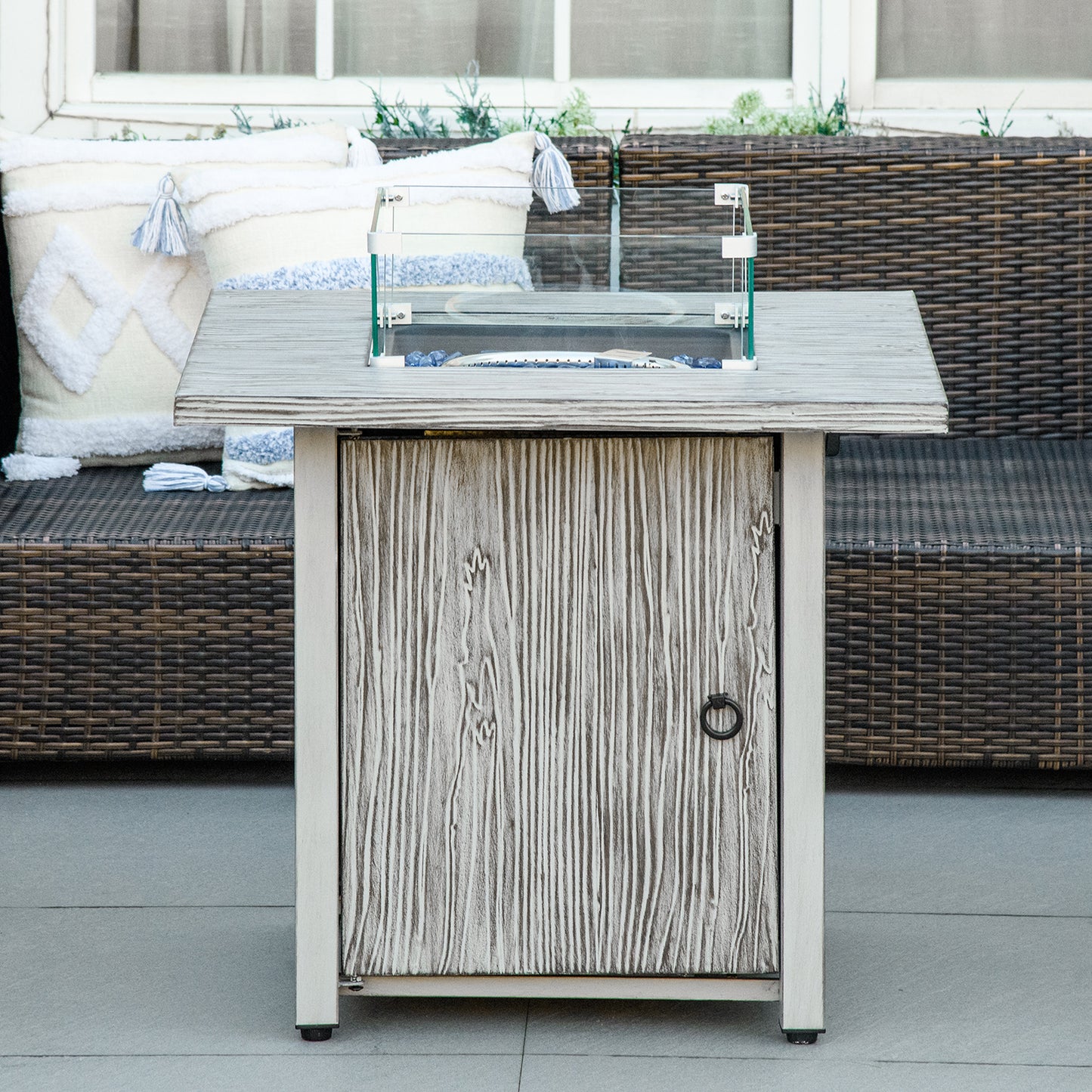 Vesoka Steel Grey Square Garden Outdoor Gas Fire Pit Table With Cover And Glass Screen
