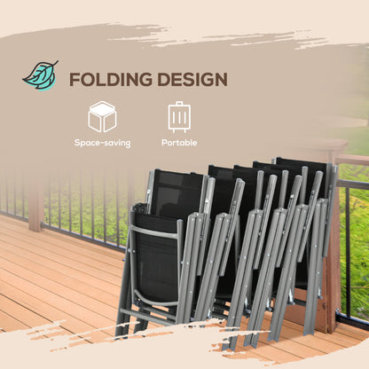 Lule 6 Seater Aluminium Black Garden Dining Set With Folding Mesh Chairs And Glass Table