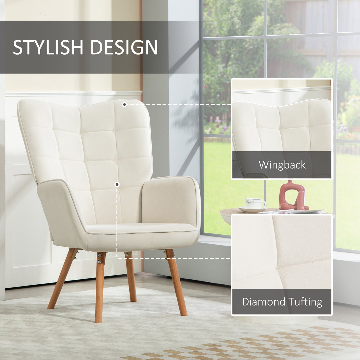Haseto Velvet Cream White Wingback Accent Chairs Set Of 2 With Tufted Back And Wooden Legs