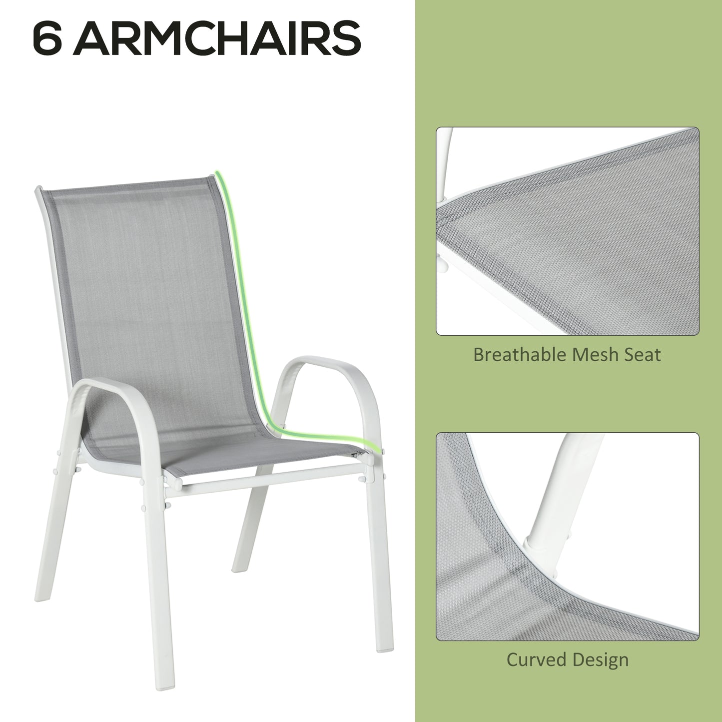 Niseso 6 Seater with White Metal and Light Grey Mesh Outdoor Dining Set