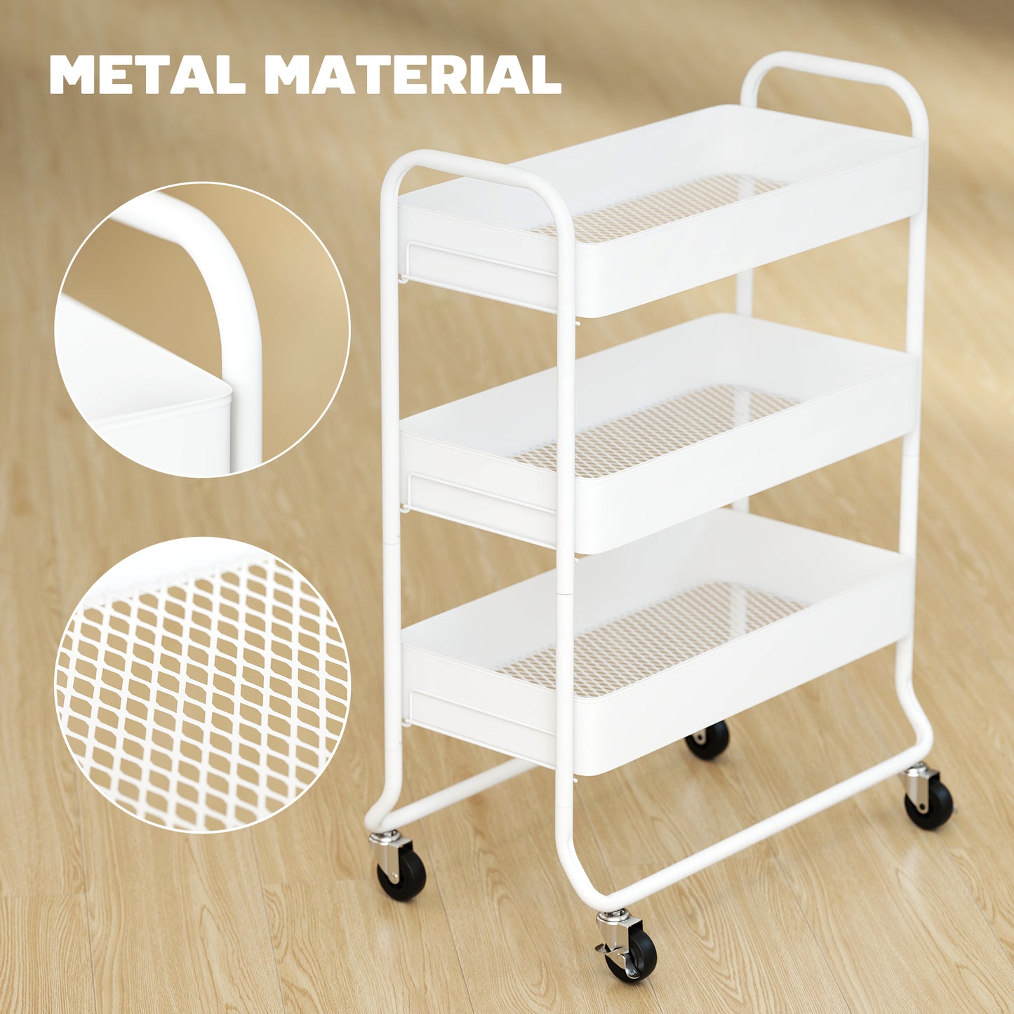 Saseta Sosa Metal White 3 Tier Rolling Utility Trolley With Mesh Baskets
