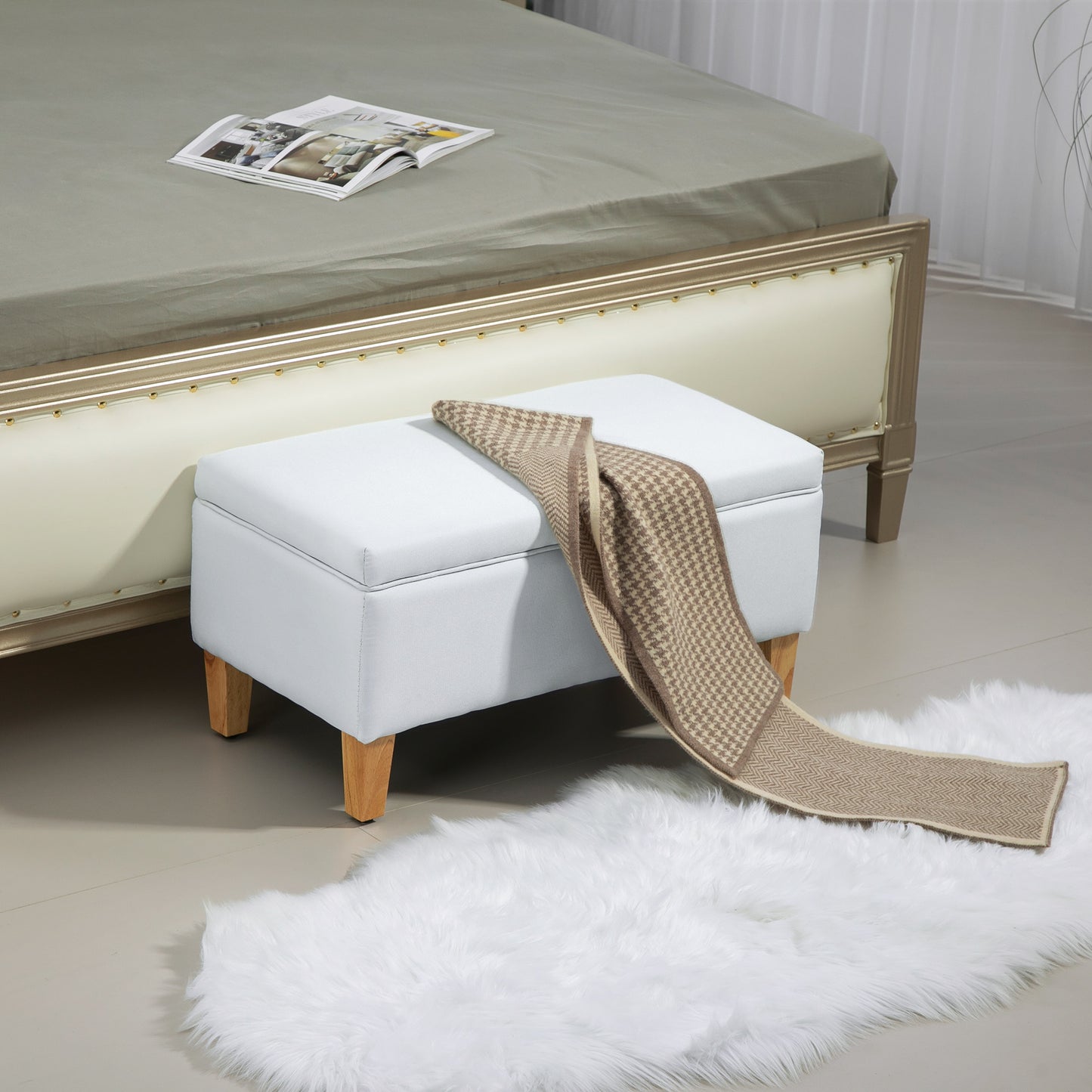 Mael Linen White Storage Ottoman With Padded Seat