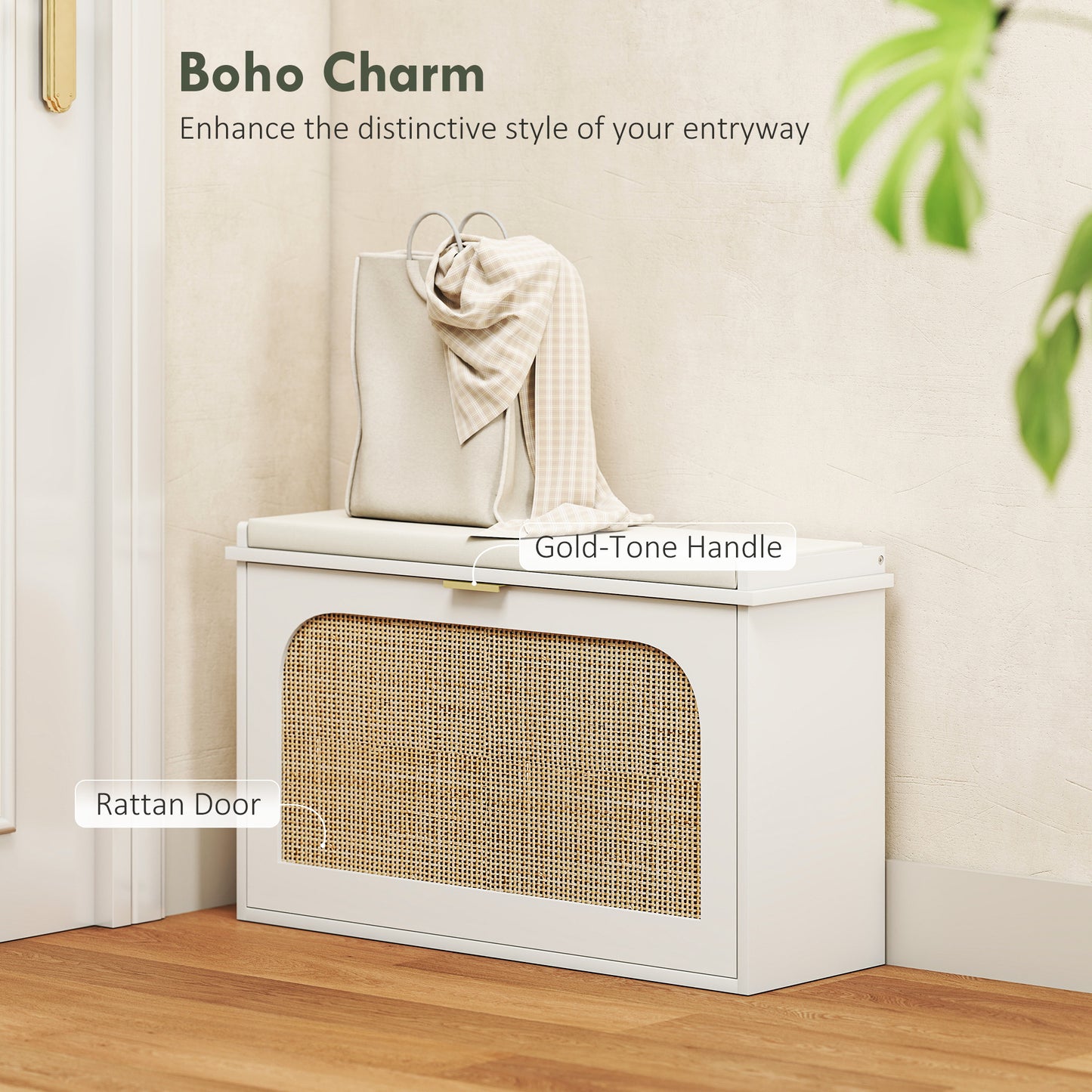 Kekami Wooden White Boho Style Shoe Bench With Cushioned Seat And Flip Drawer