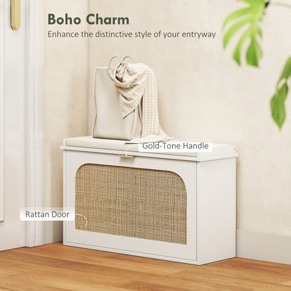 Kekami Wooden White Boho Style Shoe Bench With Cushioned Seat And Flip Drawer