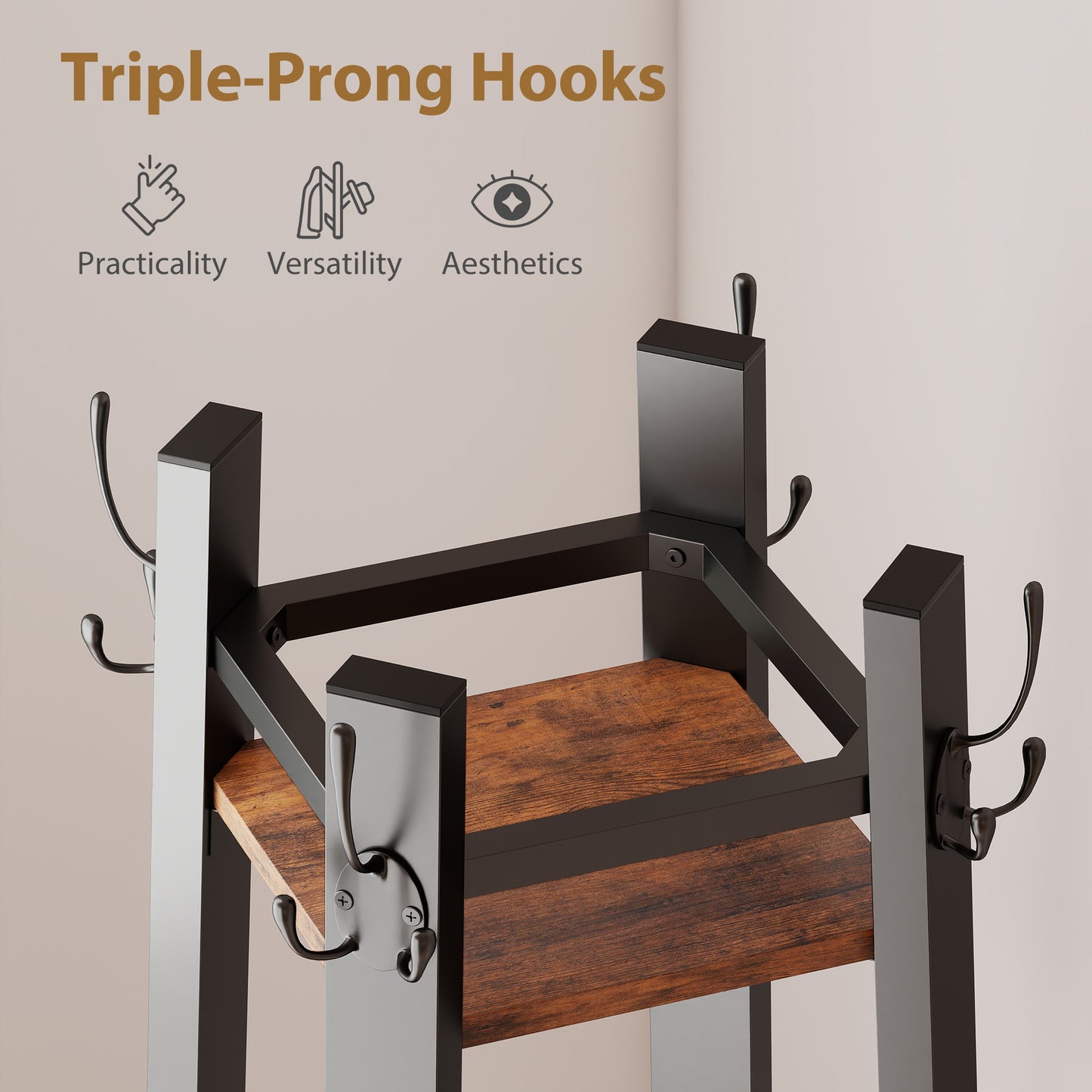 Kareva Metal And Wood Brown And Black 4 Tier Industrial Coat Stand With Shelves