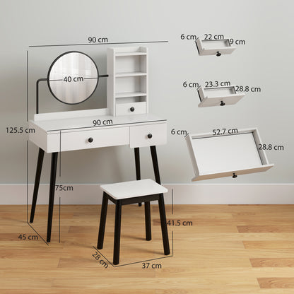 Viro Suso White Dressing Table And Stool Set With 3 Drawers And OFauxn Shelving