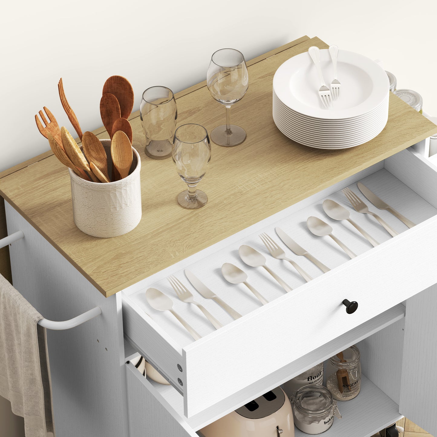 Seto Wooden White Rolling Kitchen Island With Drop Leaf Drawer Spice Rack And Towel Rail